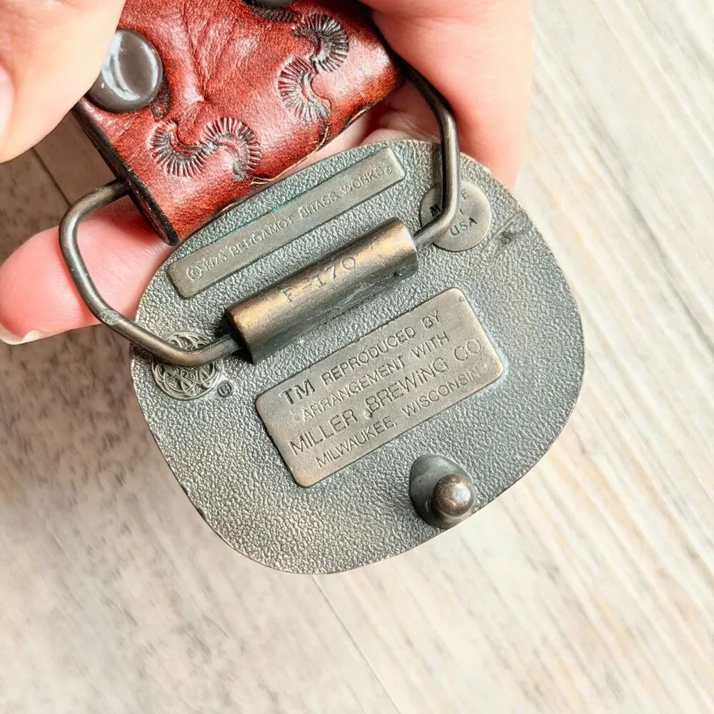 Vintage Lowenbrau Beer Leather Belt Size 36 Embossed Western Brass Buckle Miller